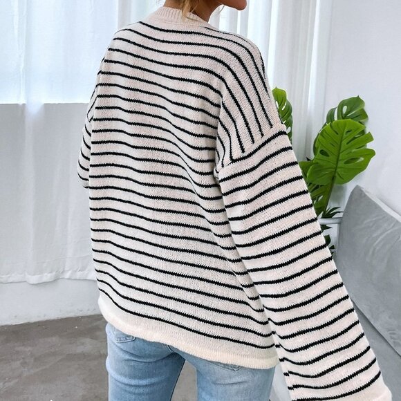 Striped Drop Shoulder Button Front Sweater - Picture 3 of 5
